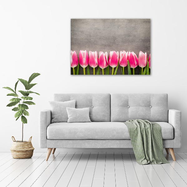 Cuadro decorativo de vidrio para salón horizontal tulipanes rosados