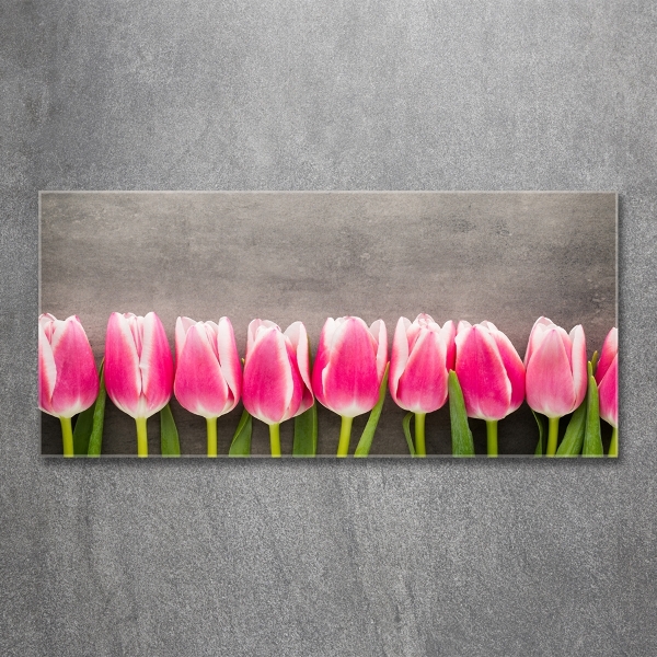 Cuadro decorativo de vidrio para salón horizontal tulipanes rosados