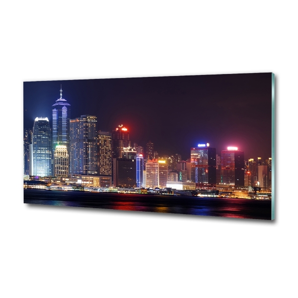 Cuadro decorativo de vidrio para salón horizontal Hong Kong de noche