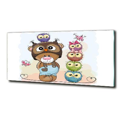Cuadro decorativo de vidrio para salón horizontal Osito de peluche y búhos