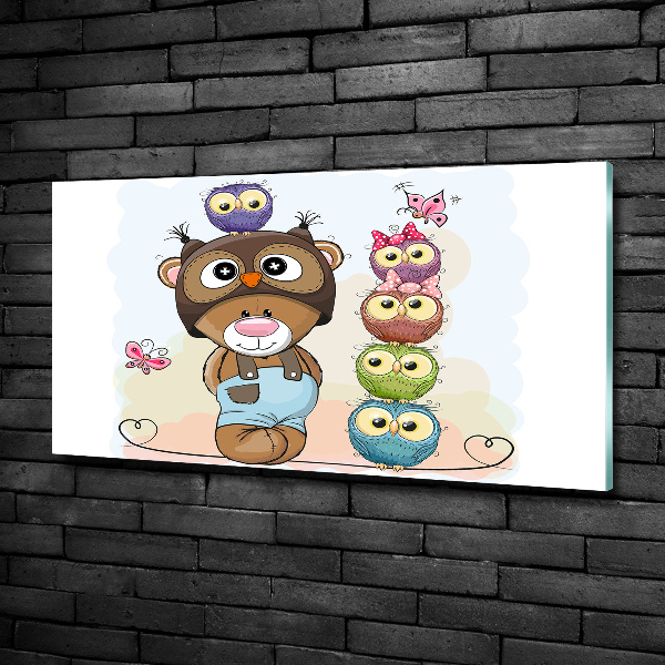 Cuadro decorativo de vidrio para salón horizontal Osito de peluche y búhos