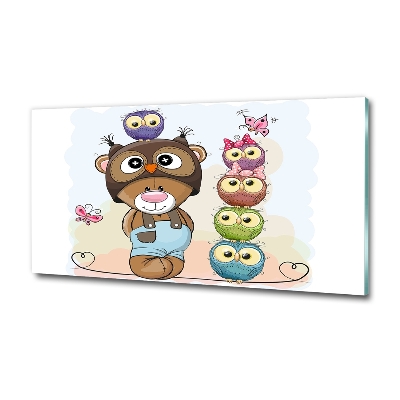Cuadro decorativo de vidrio para salón horizontal Osito de peluche y búhos