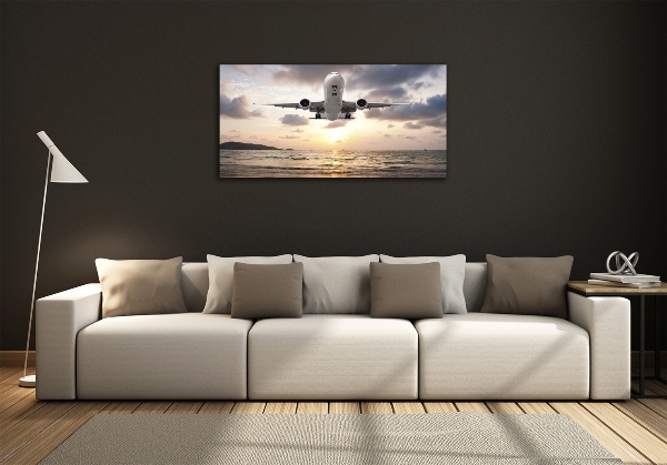 Foto en cristal de alta calidad con impresión uv horizontal Un avión sobre el mar