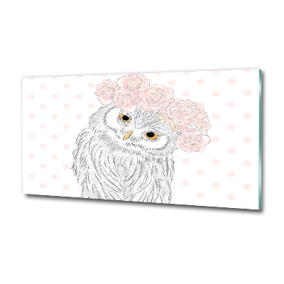 Cuadro decorativo de vidrio para salón horizontal Búho en una corona