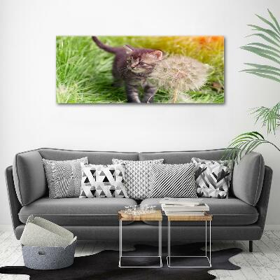 Cuadro decorativo de vidrio para salón horizontal Gatito con un diente de león