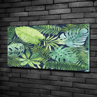 Cuadro decorativo de vidrio para salón horizontal hojas tropicales