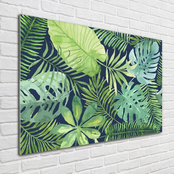 Cuadro decorativo de vidrio para salón horizontal hojas tropicales