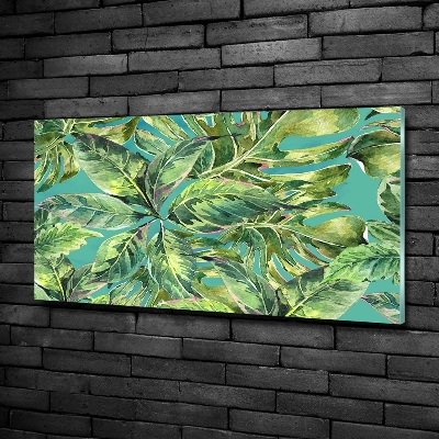 Cuadro decorativo de vidrio para salón horizontal hojas tropicales