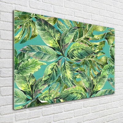 Cuadro decorativo de vidrio para salón horizontal hojas tropicales