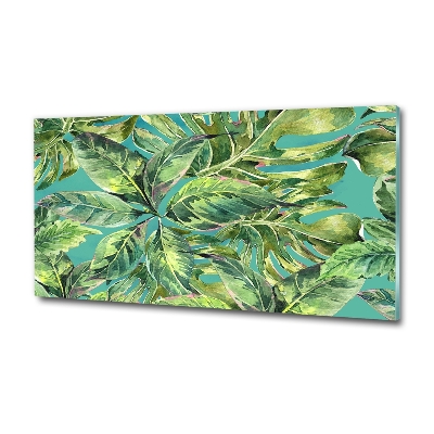 Cuadro decorativo de vidrio para salón horizontal hojas tropicales