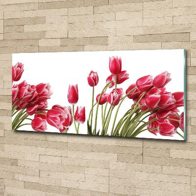 Cuadro decorativo de vidrio para salón horizontal tulipanes rojos