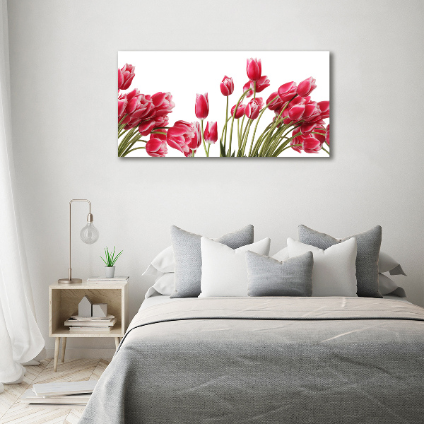 Cuadro decorativo de vidrio para salón horizontal tulipanes rojos