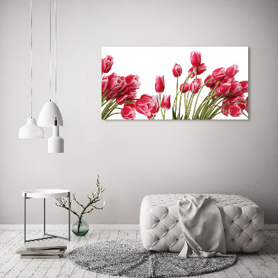 Cuadro decorativo de vidrio para salón horizontal tulipanes rojos