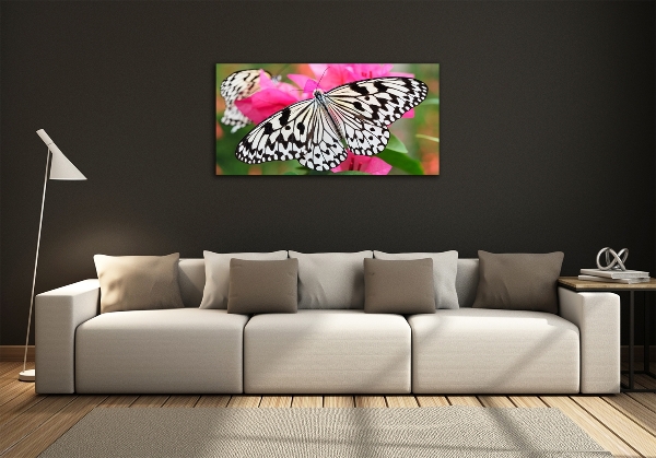 Cuadro decorativo de vidrio para salón horizontal Mariposa en una flor