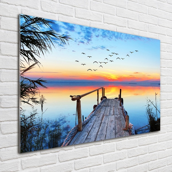 Cuadro de cristal templado moderno horizontal Muelle en el lago