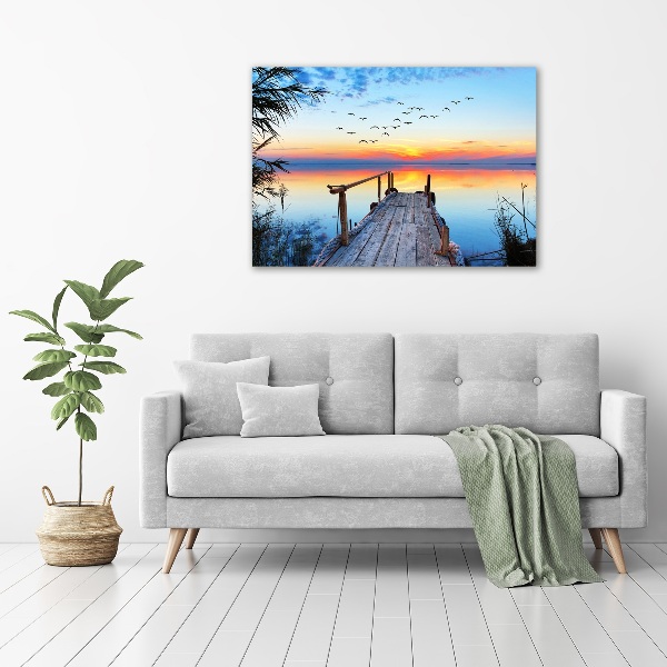 Cuadro de cristal templado moderno horizontal Muelle en el lago