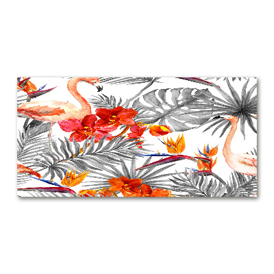 Foto en cristal de alta calidad con impresión uv horizontal Flamencos y flores