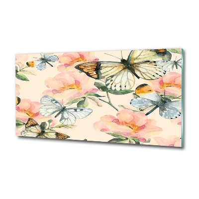 Cuadro decorativo de vidrio para salón horizontal Mariposas y flores