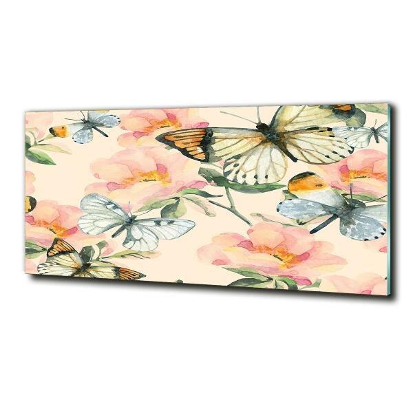 Cuadro decorativo de vidrio para salón horizontal Mariposas y flores
