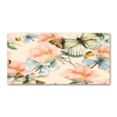 Cuadro decorativo de vidrio para salón horizontal Mariposas y flores