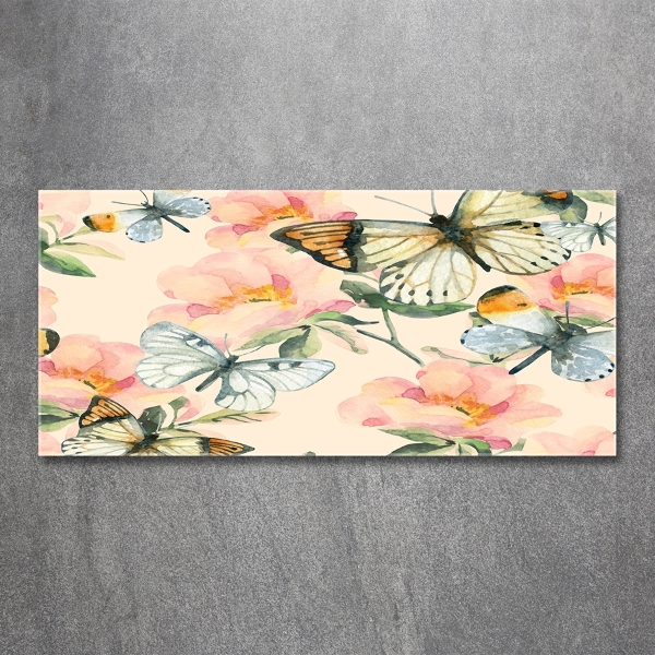 Cuadro decorativo de vidrio para salón horizontal Mariposas y flores