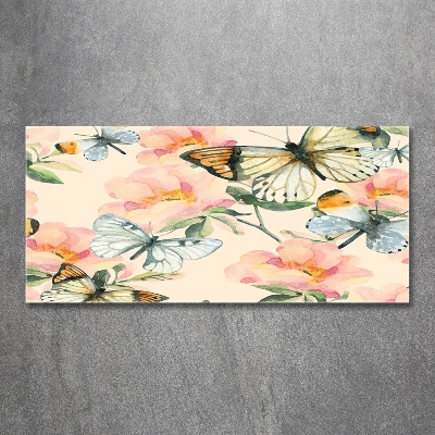 Cuadro decorativo de vidrio para salón horizontal Mariposas y flores