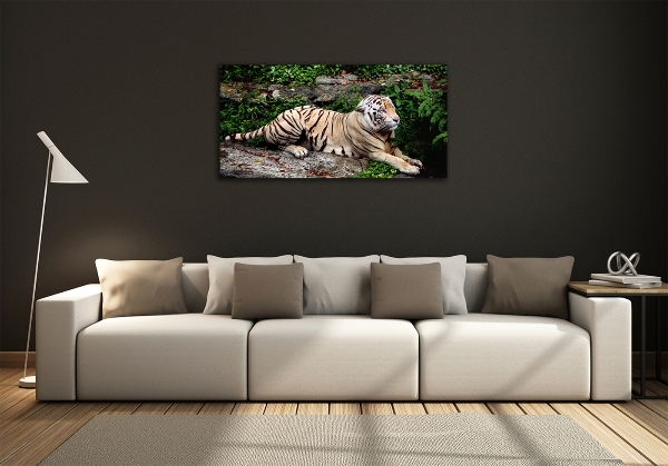 Cuadro decorativo de vidrio para salón horizontal Tigre en una roca