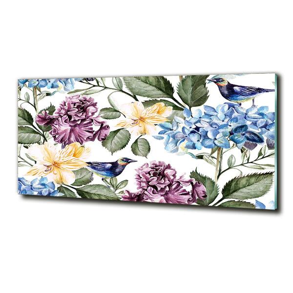 Impresión en cristal con acabado brillante horizontal Flores y pájaros