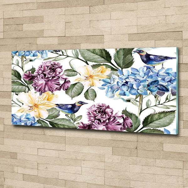 Impresión en cristal con acabado brillante horizontal Flores y pájaros