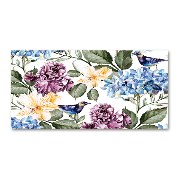 Impresión en cristal con acabado brillante horizontal Flores y pájaros