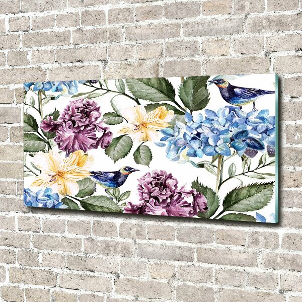 Impresión en cristal con acabado brillante horizontal Flores y pájaros