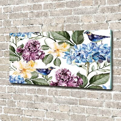 Impresión en cristal con acabado brillante horizontal Flores y pájaros