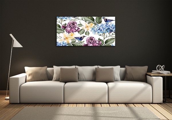 Impresión en cristal con acabado brillante horizontal Flores y pájaros