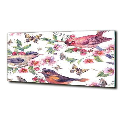 Cuadro decorativo de vidrio para salón horizontal Pájaros, mariposas, cerezas.