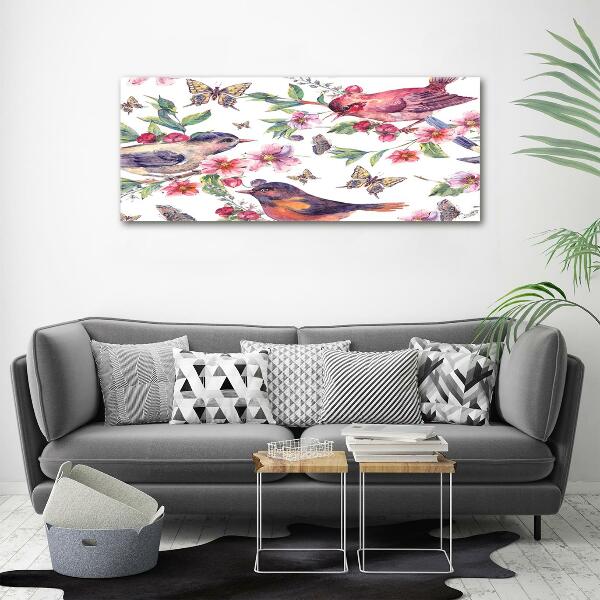 Cuadro decorativo de vidrio para salón horizontal Pájaros, mariposas, cerezas.
