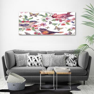 Cuadro decorativo de vidrio para salón horizontal Pájaros, mariposas, cerezas.