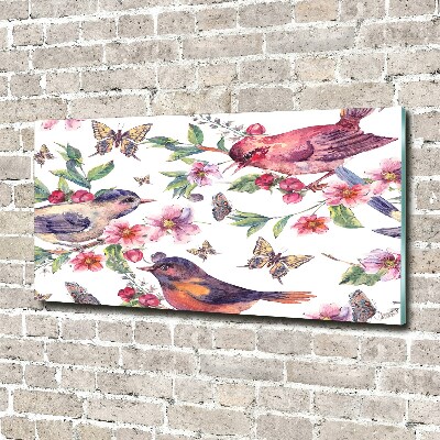 Cuadro decorativo de vidrio para salón horizontal Pájaros, mariposas, cerezas.