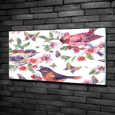 Cuadro decorativo de vidrio para salón horizontal Pájaros, mariposas, cerezas.