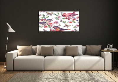 Cuadro decorativo de vidrio para salón horizontal Pájaros, mariposas, cerezas.