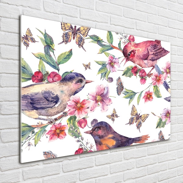 Cuadro decorativo de vidrio para salón horizontal Pájaros, mariposas, cerezas.