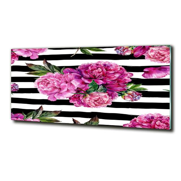 Cuadro decorativo de vidrio para salón horizontal Peonías rosas