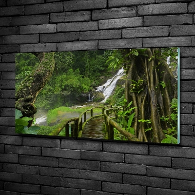 Cuadro decorativo de vidrio para salón horizontal Cascada en la selva
