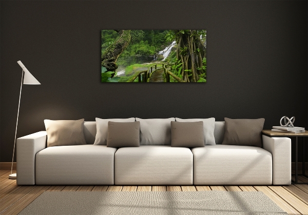 Cuadro decorativo de vidrio para salón horizontal Cascada en la selva