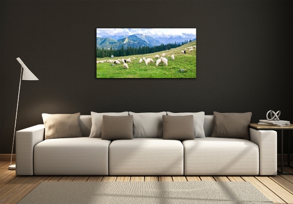 Cuadro decorativo de vidrio para salón horizontal Ovejas en los montes Tatra