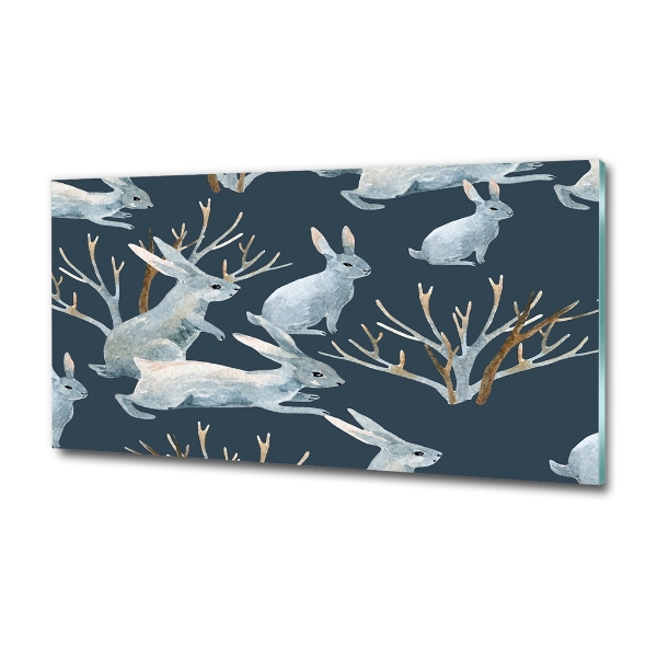 Cuadro de cristal templado moderno horizontal Conejos en invierno