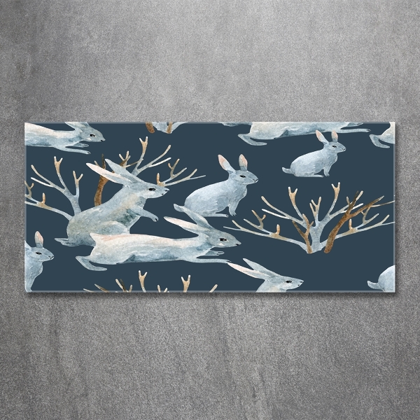 Cuadro de cristal templado moderno horizontal Conejos en invierno