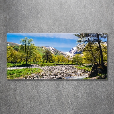 Foto en cristal de alta calidad con impresión uv horizontal Un río en las montañas