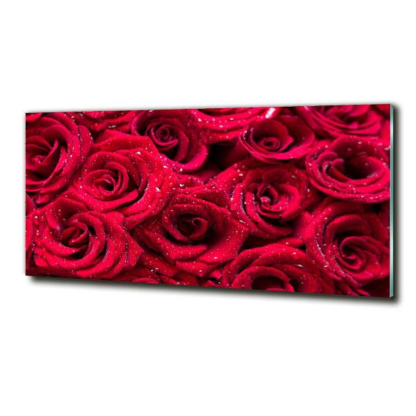 Cuadro decorativo de vidrio para salón horizontal Gotas sobre rosas