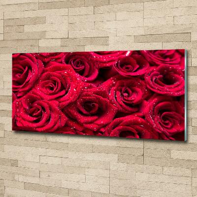 Cuadro decorativo de vidrio para salón horizontal Gotas sobre rosas