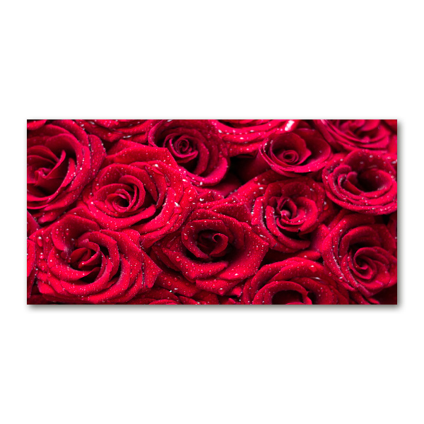 Cuadro decorativo de vidrio para salón horizontal Gotas sobre rosas